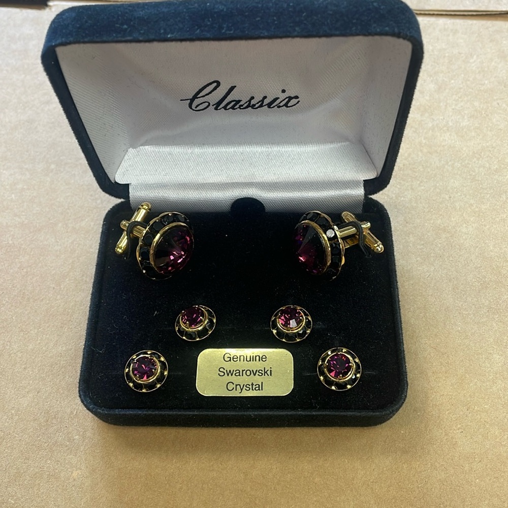 Dark Purple Black Austrian Crystal Boarder Cufflinks and Stud Set NWT